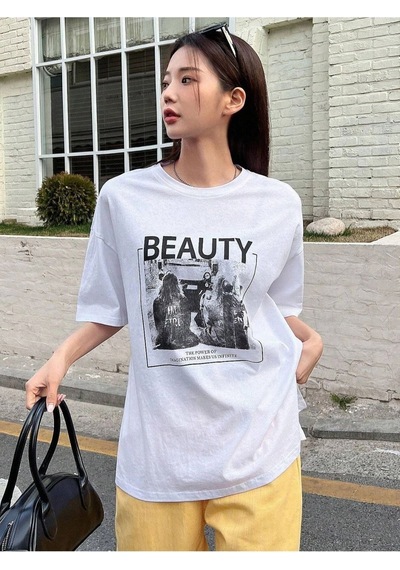 Unisex Beyaz Beauty Baskılı Oversize Bisiklet Yaka T-shirt 001