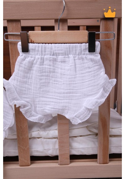 Babyhola Kız Bebek Çocuk Yazlık Elbise Müslin Önlüklü Şortlu Takım 22410 Beyaz