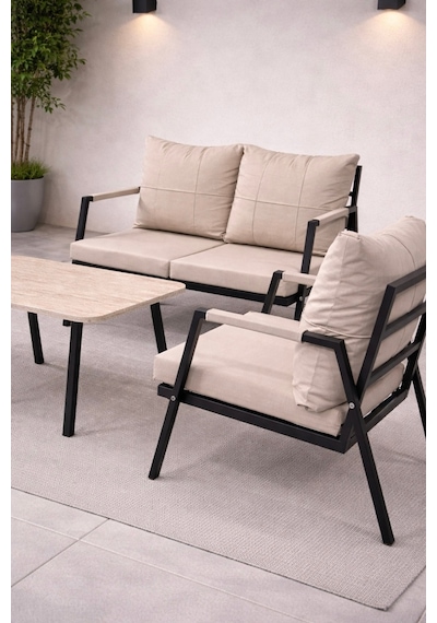 Mb Garden Furnıture Dream Balkon, Bahçe Takımı, Cafe, Metal Kanepe, Koltuk Takımı, Bahçe Mobilyası, 2+1+1 Sehpalı Bej