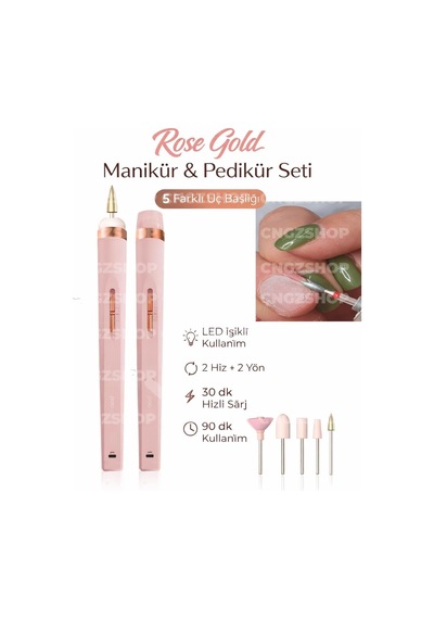 Rose Gold Manikür & Pedikür Seti, Şarjlı Tırnak Bakım Aleti, 5 Farklı Uç Başlıklı, Led Işıklı