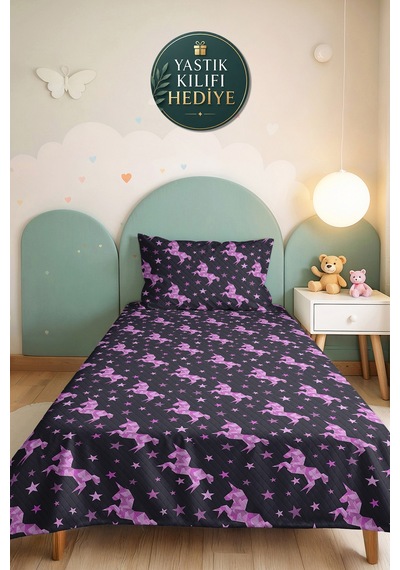 Evimde Bambaşka Unicorn Yıldızlı Antrasit Kız Çocuk Pike Takımı - Pembe Mor Bebek Odası Yatak Örtüsü - 160x220  CM