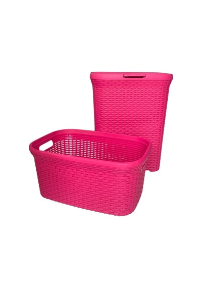 2'li Set Hasır Desenli Plastik Fusya Çamaşır Sepeti & Fusya Çamaşır Selesi Fuşya