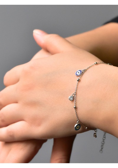 Papatya Silver 925 Ayar Gümüş Turkuaz ve Lacivert Göz Mineli Bileklik
