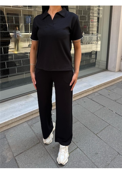 WeShaya Siyah Polyester Keten Polo Yaka Takım Siyah
