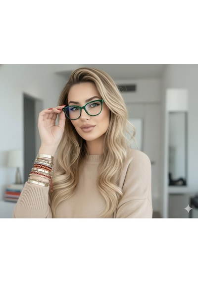 Pina Mavi Işık Korumalı Gözlük Cateye Kedi Çekik Model Optik Uyumlu Camları Değiştirilebilir Yeşil