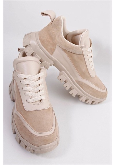 Diora Bej Süet Deri Bağcıklı Kadın Sneakers-Bej