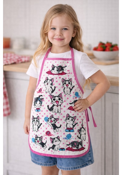 3-5 Yaş Çocuk Mutfak Önlüğü 35x50 Cm Su Geçirmez, Leke Tutmaz, Pamuk Polyester Karışımlı Pembe