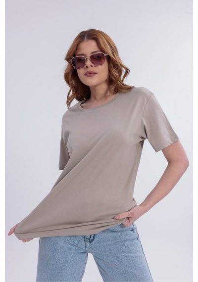 Myrab Denim Kadın Lacivert Basic Tişört Regular Fit Bisiklet Yaka %100 Pamuk 30/1 Süprem Kumaş Günlük T-shirt Krem