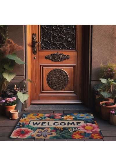 Valerine Life Çiçekler Ve Sarı Papatyalı Welcome Kapı Önü Paspası 45x70cm
