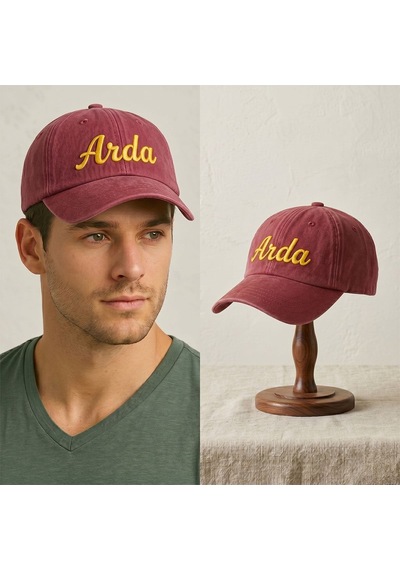 Bk Gift Kişiye Özel İsim Nakışlı Vintage Bordo Beyzbol Şapkası Unisex Eskitme Kumaş Metal Tokalı