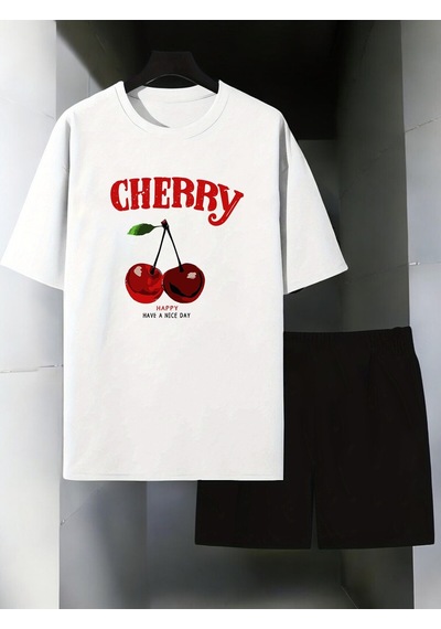 Uyguntarz Unisex Happy Cherry Baskılı Tasarım Şort Takım Beyaz