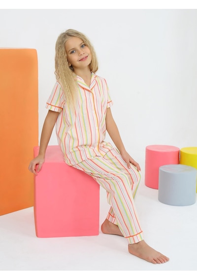 Kız Çocuk Kısa Kollu %100 Pamuklu Düğmeli Pijama Takımı Alice Somon SOMON