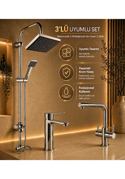 Lüx Premium Krom 3'lü Set Robot Duş Seti Sabit Lavabo 3 Yollu Arıtma Musluğu Çeşmesi Bataryası Banyo Mutfak Seti Gri