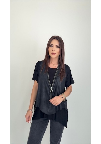 Etiler Collection Kadın Kısa Kollu Yuvarlak Yaka Viskon Bluz + Kolsuz Fermuarlı Çatlak Deri Yelek Siyah Etiler Collection Kadın Kısa Kollu Yuvarlak Yaka Viskon Bluz + Kolsuz Fermuarlı Çatlak Deri Yelek Siyah