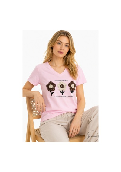 Cassime Kadın Pembe %100 Pamuk Regular/normal Kalıp Çiçek Nakışlı Örme T-shirt