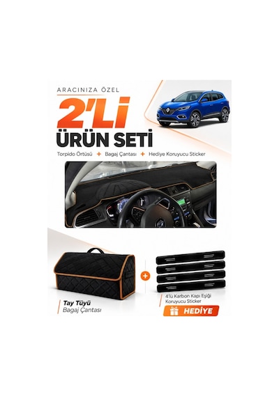 E-biz Renault Kadjar 2015-2022 Uyumlu Torpido Örtüsü + Tay Tüyü Çanta - Siyah-kahverengi - Re024