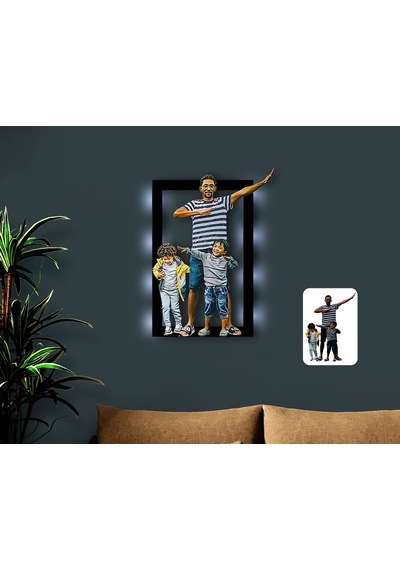 Kişiye Özel Tam Boy Baba Ve Oğullar Karikatürlü 3D Led Işıklı Ahş