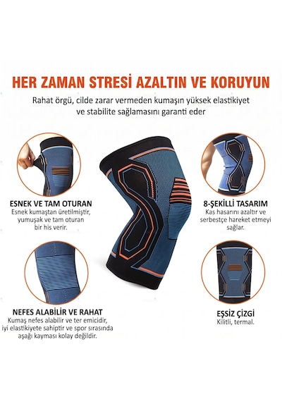 Esnek Ve Sıkmayan Dikişsiz Antrenman Dizliği - Kaymaz Silikonlu Ortopedik Fitness, Voleybol, Basketbol Spor Dizlik 1 Adet Mavi - Turuncu