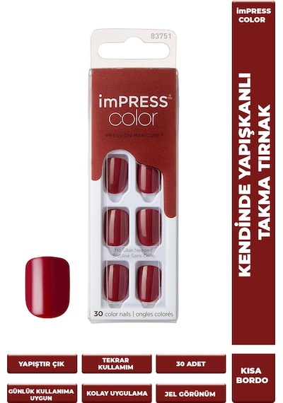 İmpress Color Kendinden Yapışkanlı Takma Tırnak Kısa Parlak Bordo
