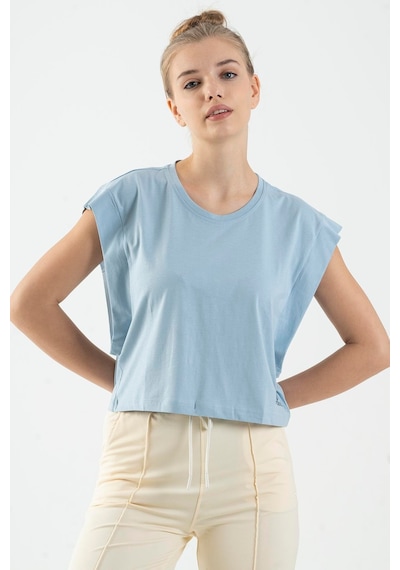 Maraton Regular Kadın Bisiklet Yaka Sisli Mavi Crop Top Sisli Mavi