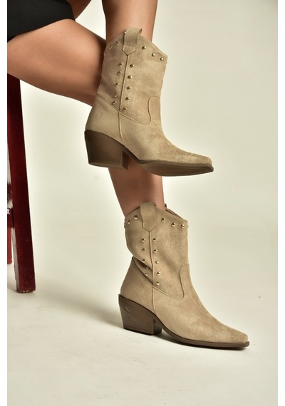 Fox Shoes Z920477302 Vizon Süet Kalın Topuklu Kovboy Model Kadın Bot