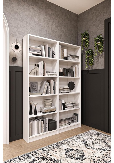 Asra Trend Beyaz K003 10 Raflı Geniş Kitaplık 112 Cm Modern Kütüphane Dar Alan Uyumlu%100 Mdflam Dekoratif Raf Ünitesi Çok Renkli