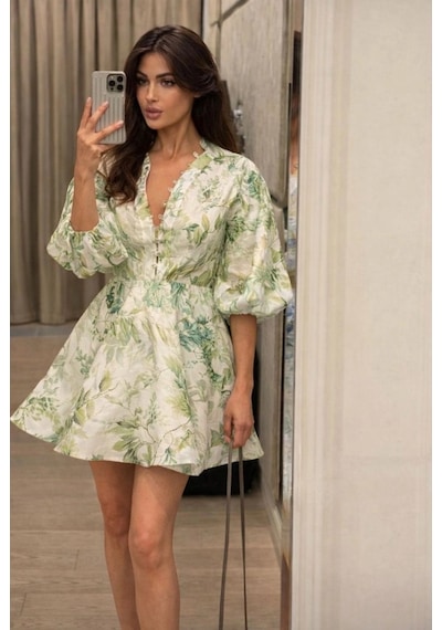 Asprinfashion Kaplama Düğme Detaylı Keten Elbise Yeşil