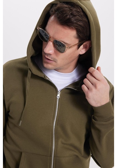 Tudors Unisex Relax Fit Rahat Kesim Pamuklu İçi Polarlı Çift Cepli Tam Fermuarlı Haki Kapüşonlu Sweatshirt-41651 Kahverengi