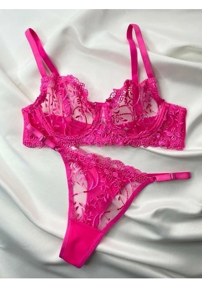 Atrobella Çiçekli Brode Dantelli Desteksiz Sütyen Takımı B Kap A132 Neon Pembe