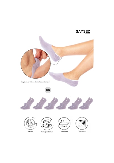 Saysez Bambu Kadın Babet Lila Çorap Dikişsiz Görünmez Kaydırmaz Topuk Silikonlu Premium 6'lı Paket Renkli