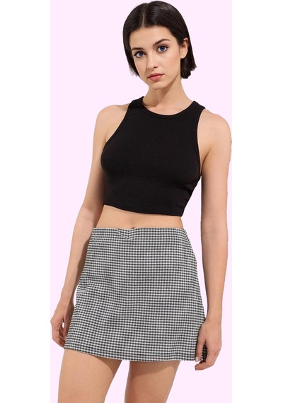 Ersefa Kadın Slim Fit Kareli Mini Örme Etek Şort Detaylı Rahat Yazlık Gü Siyah