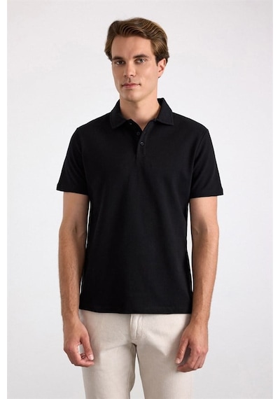 Süvari Siyah Regular Petek Baskısız Süprem Düğmeli Polo Yaka Tişört Sts1014000010-s09
