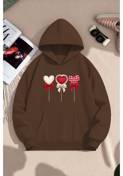 Uyguntarz Unisex Kalp Lolipop Detayli Baskılı Oversize Sweatshirt Kahverengi