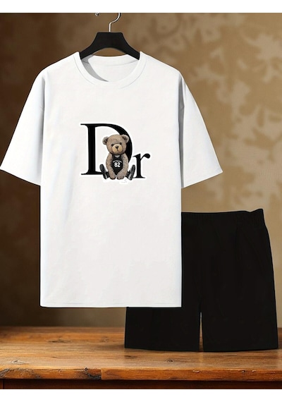 Uyguntarz Unisex Dr. Ayı Tasarım Basklı Tshirt Şort Takımı Beyaz