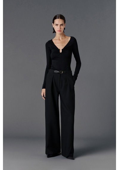 Vatkalı Kemerli Wide Leg Pantolon-20480 Siyah