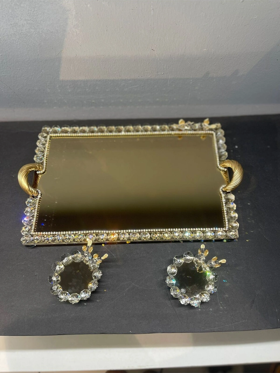 Dekoratif Kristal Cam Ayna Dikdörtgen Sunum Tepsisi Gold