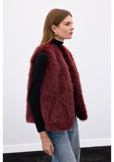 Sateen Kolsuz Uzun Yelek - Bordo-136640 Bordo