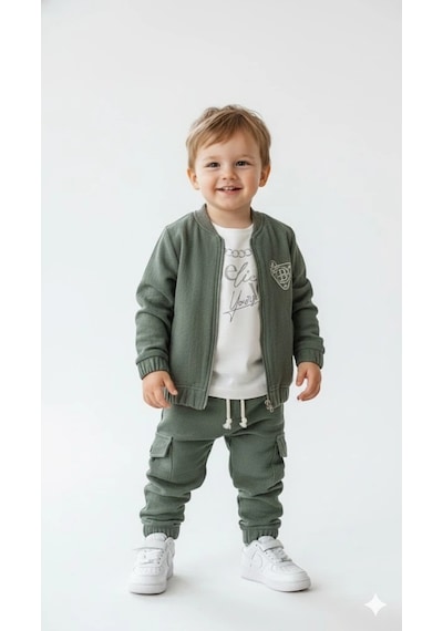 Bontino Erkek Çocuk Sweatshirt, Hırka Ve Pantolonlu %100 Pamuk 3'lü Spor Takım Haki