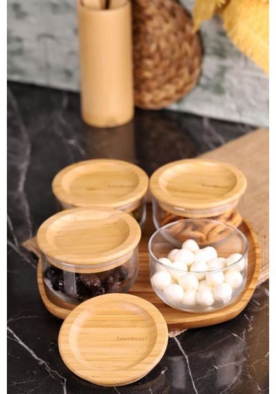 Bambum Duo 300ml 4'lü Tepsili Bambu Silikonlu Kapaklı Hava Aldırmaz Cam Kahvaltılık