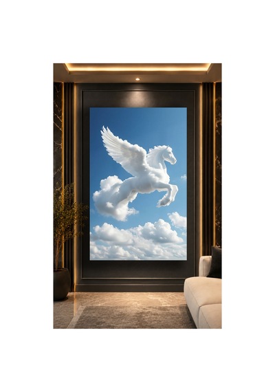Kanatlı At Pegasus Gökyüzü Tablo Mavi Bulutlar Ve Beyaz At Dekoratif Cam Tablo Modern Premium Duvar Dekoru Uv Baskı