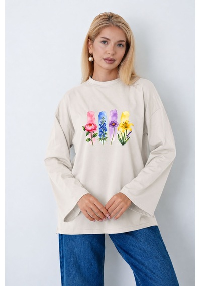 Herkesemoda Renkli Çiçekler Baskılı Tesettüre Uygun Oversize Body Ekru