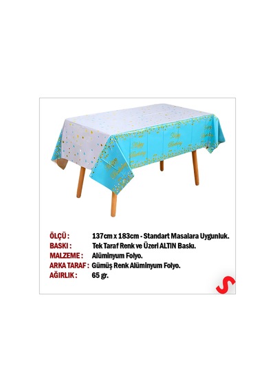 Happy Birthday Altın Baskılı Masa Örtüsü, 137cm X 183cm - Mavi