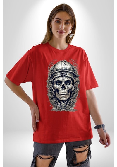 Kask Miğfer İskelet Asker Pamuklu Bisiklet Yaka Unisex Oversize Boyfriend Dijital Baskılı Kırmızı T-shirt Kırmızı