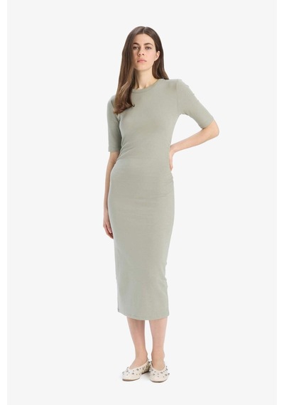 DeFacto Bodycon Vücudu Saran Bisiklet Yaka Ribana Kısa Kollu Midi Elbise E6003AX25SPKH234