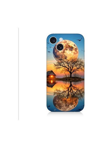 Apple Uyumlu iPhone 15 Ay Ve Göl Desenli Silikon Kılıf Silikon