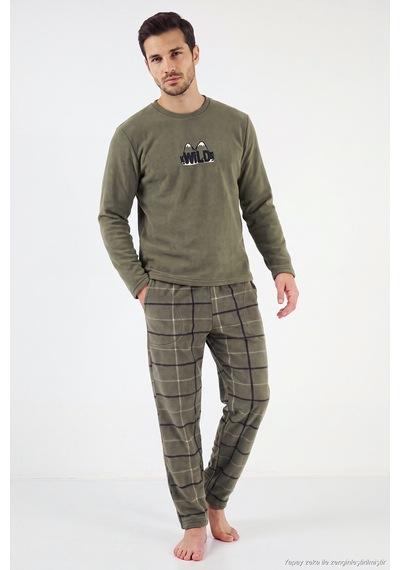 Buratti Ekoseli Bisiklet Yaka Yumuşak Dokulu Polar Pijama Takımı Erkek Pijama Takımı 6097064 Haki