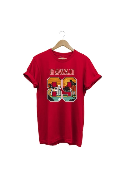 Hawaii 89 Gün Batımı Palmiye Ve Yelkenli Baskılı %100 Pamuk Unisex Regular Fit Tişört Kırmızı
