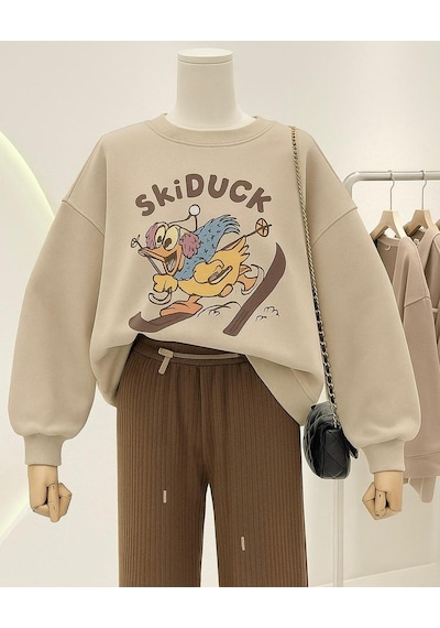 Benroma 3 İplik Penye Skiduck Baskılı Unisex Sweatshırt Bej