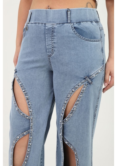 Zanessi Büyük Beden Denim Taşlı Yüksek Bel Pencere Detaylı Bol Paça Kadın Pantolon Mavi