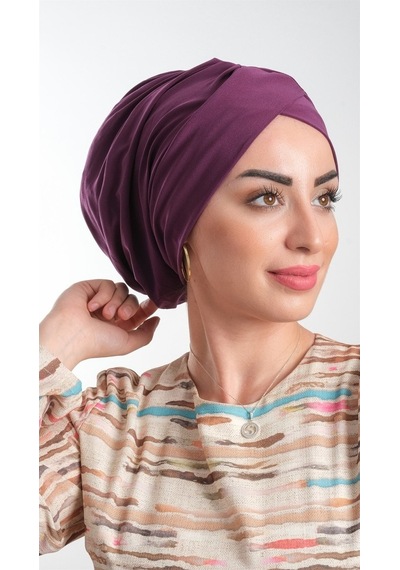 Hürrem Bone Mürdüm Pratik Hazır Geçmeli Tesettür Bone Sandy Kumaş Büzgülü 211 Mürdüm
